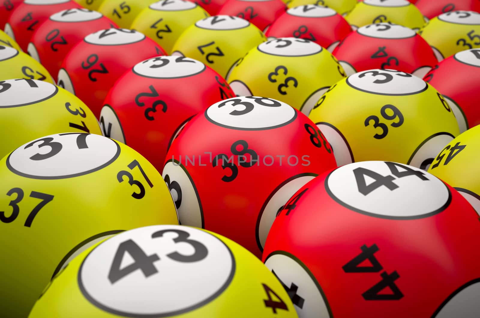 3d rendering of yellow and red lottery balls