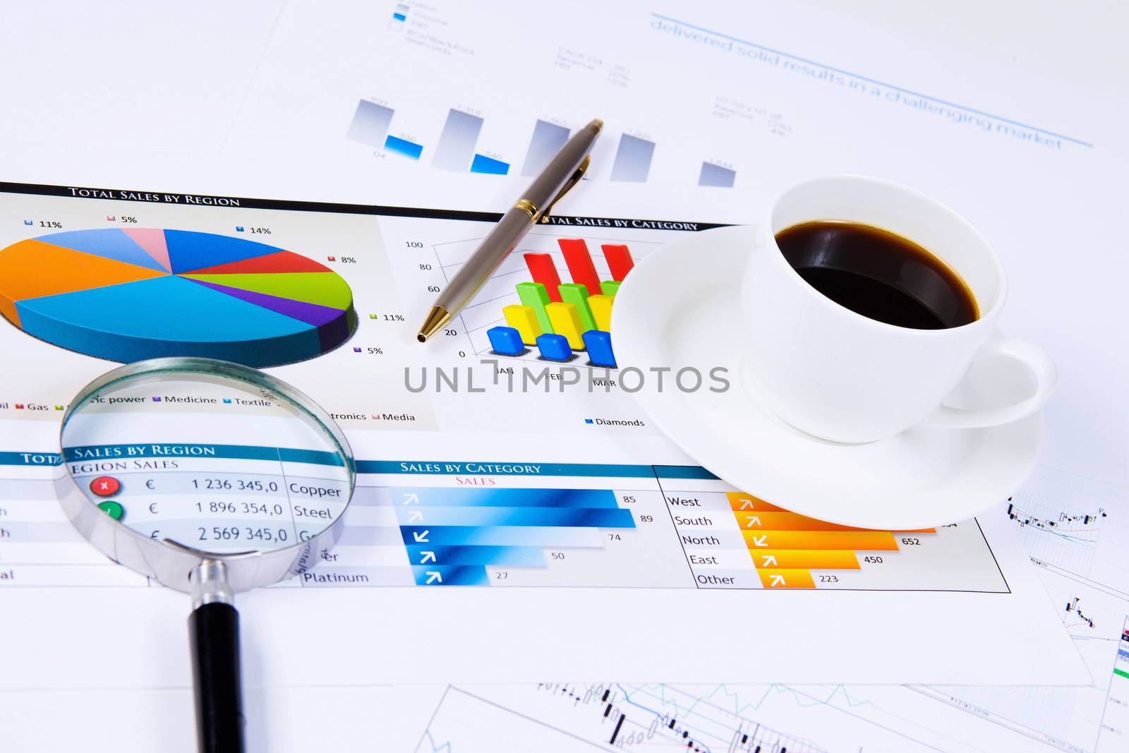 Close up image of office workplace with cup of coffee and documents