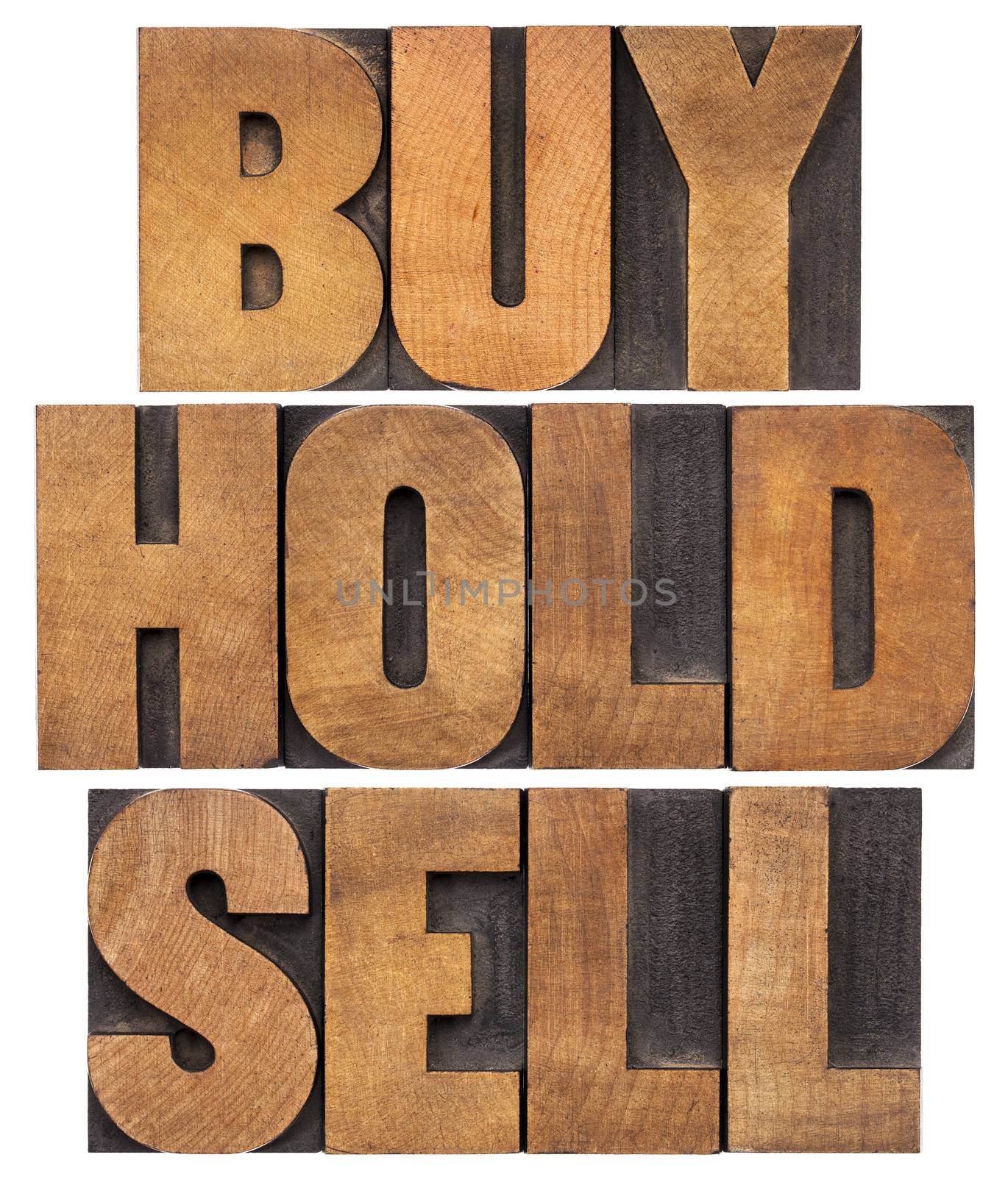 buy, hold, sell - investing concept - isolated words in vintage letterpress wood type