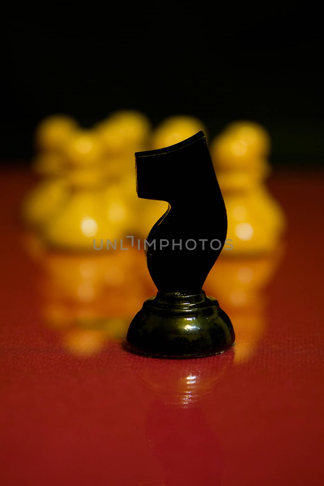 black chess knight on background pawn chess