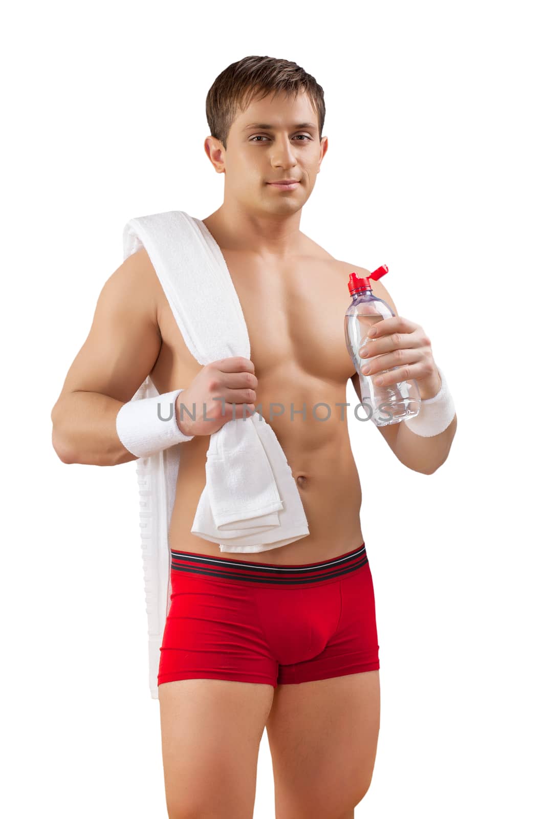 a sportsman with towel and bottle of water isolated by mihalec