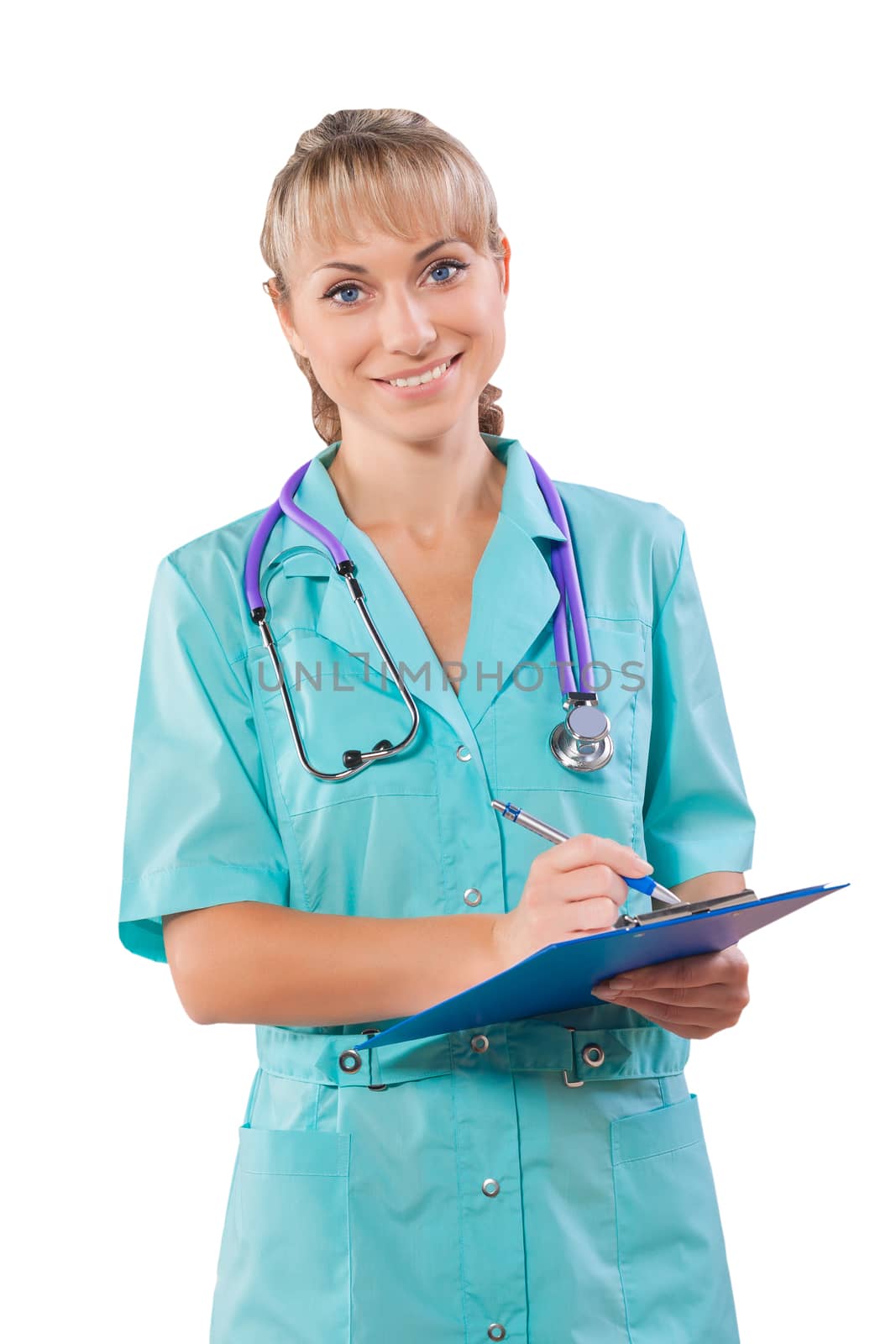 a young female doctor with clipboard smiling isolated by mihalec