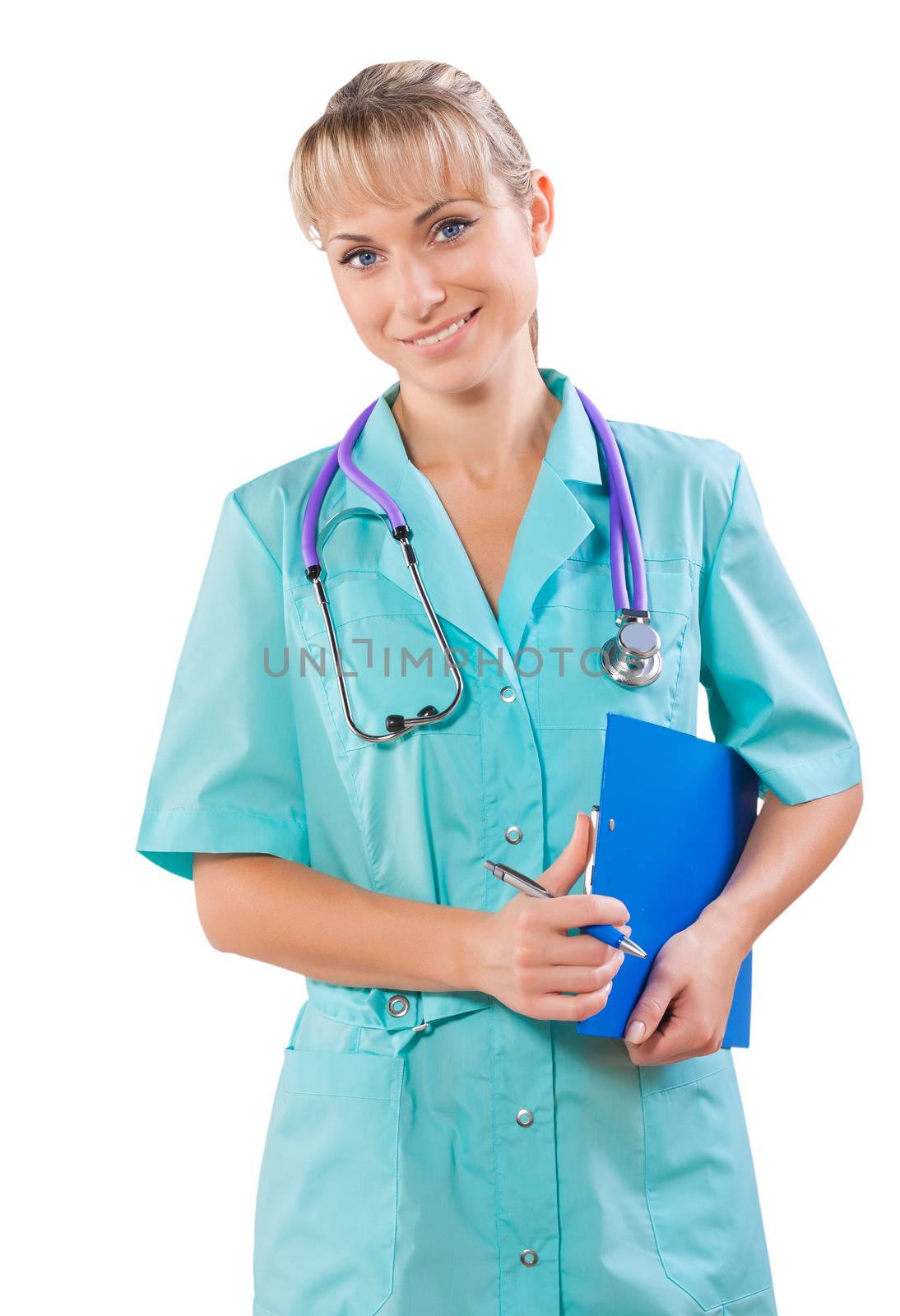beautiful female doctor holding blue clipboard by mihalec