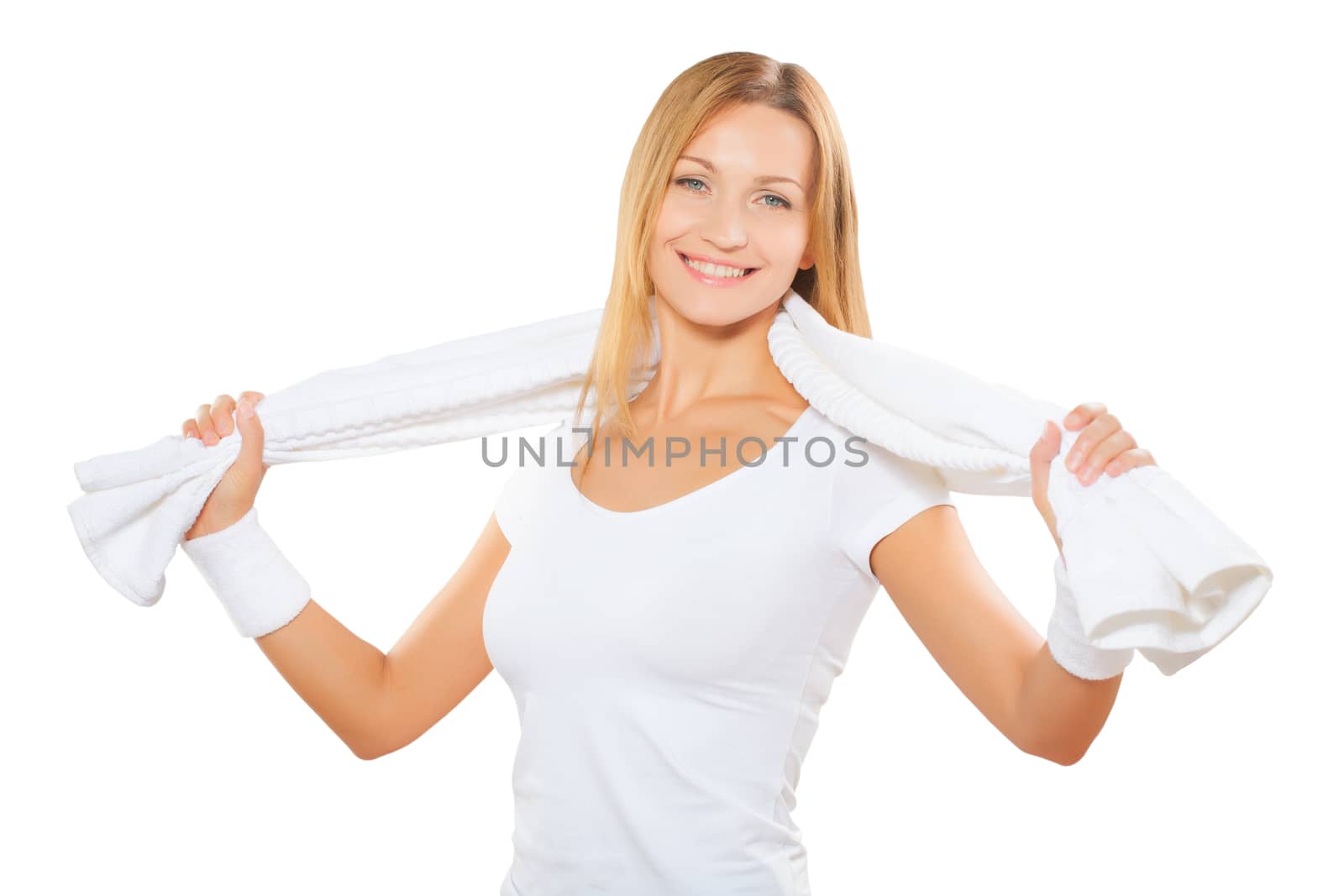 beautiful sports woman wih white cotton towel isolated