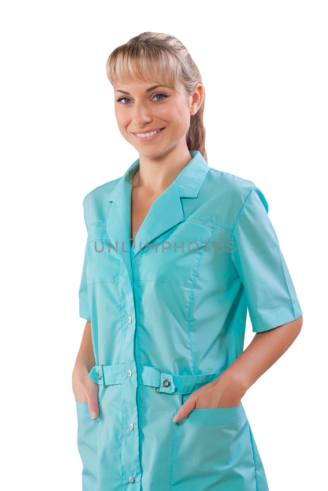 beautiful female doctor with hands in pockets isolated by mihalec