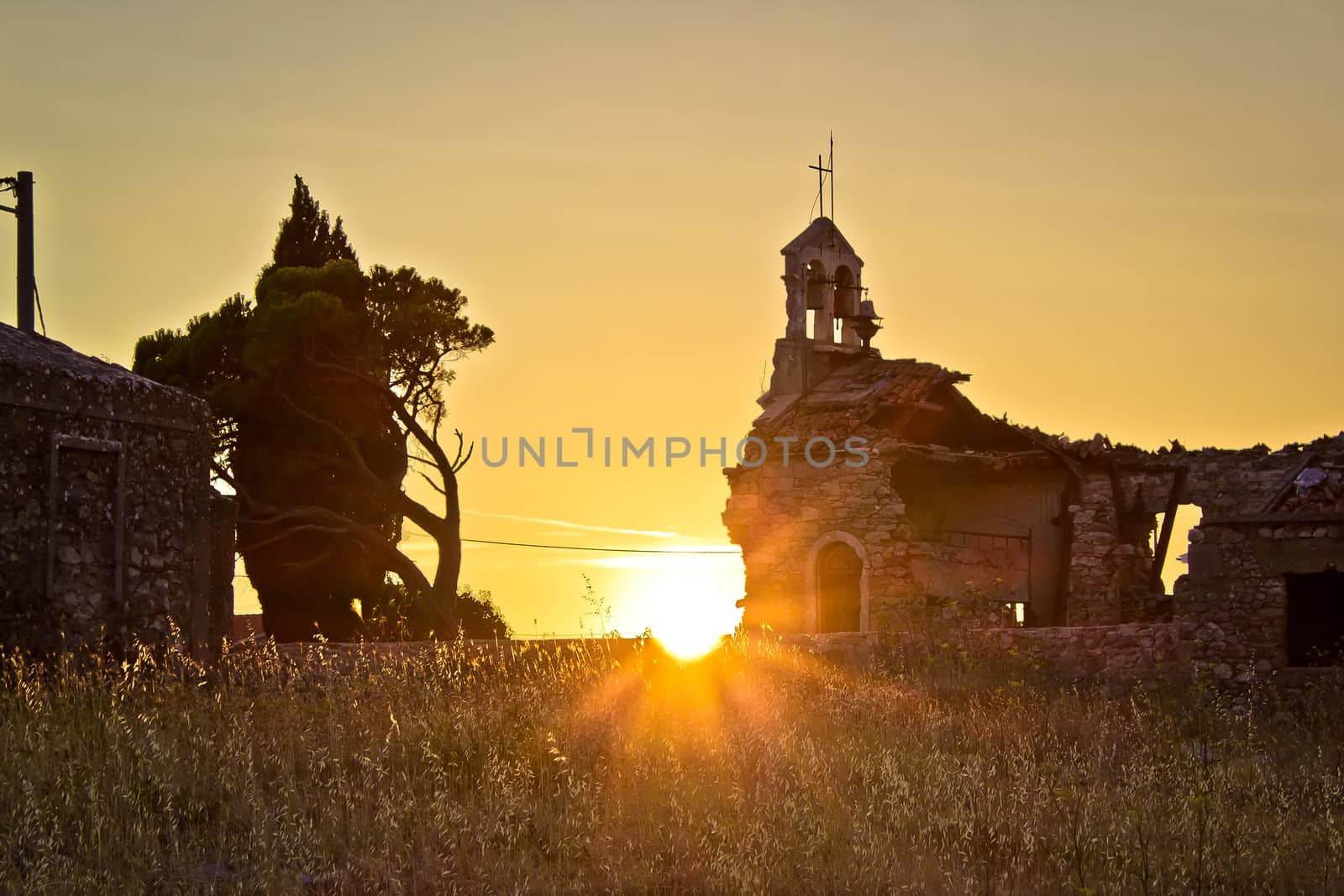 Church war ruins sunset  in Dracevac, Zadar, Croatia  