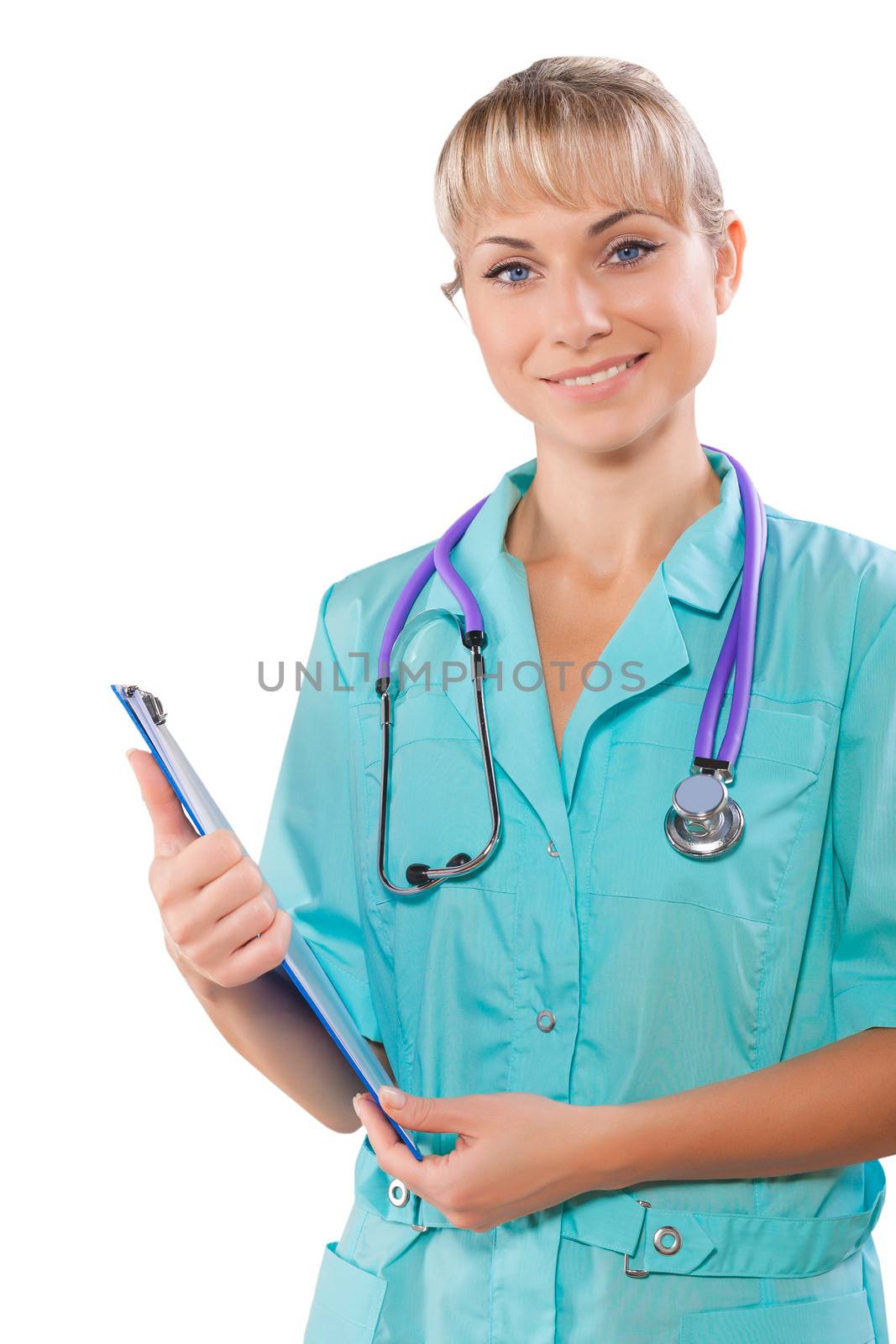 female doctor with clipboard isolated close up