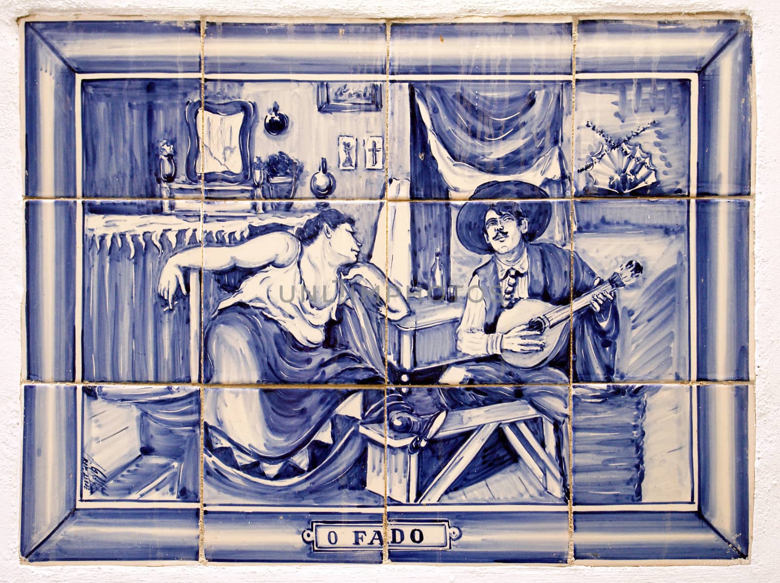 Portuguese decorative tiling whit tradicional music theme (Fado)                              