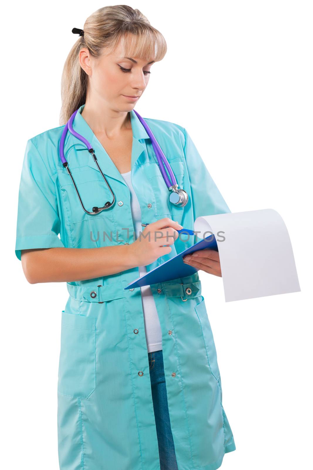 female doctor with clipboard writing isolated by mihalec