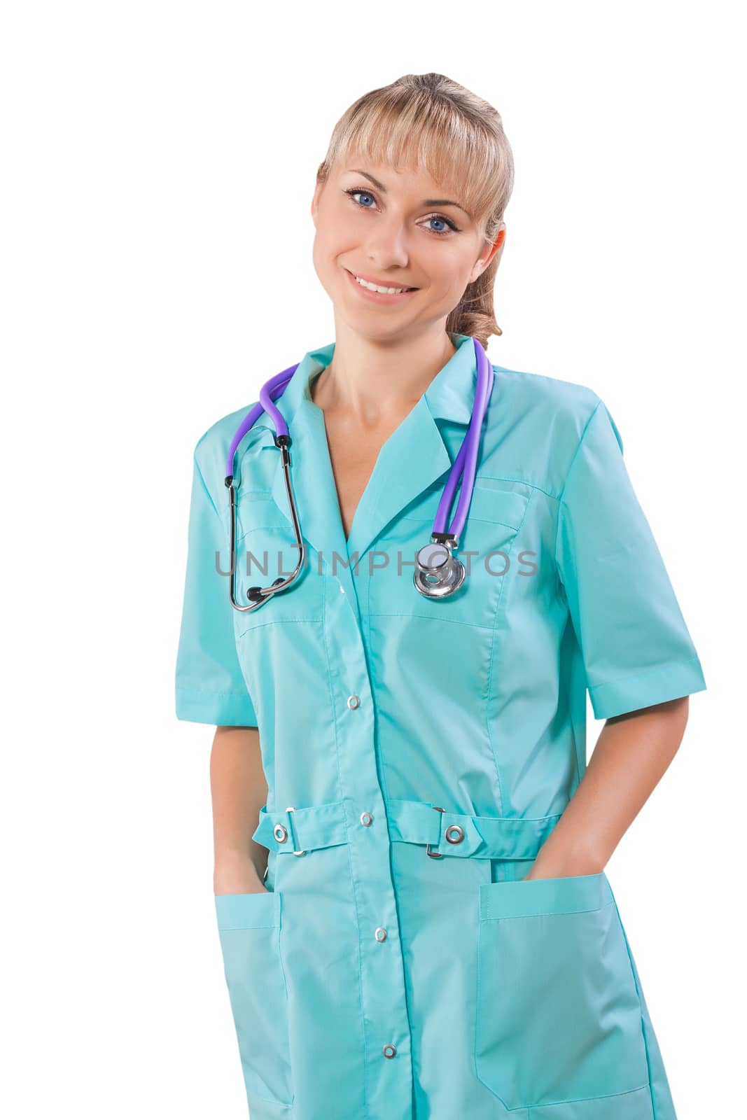female doctor with hands in pockets smiling isolatyed