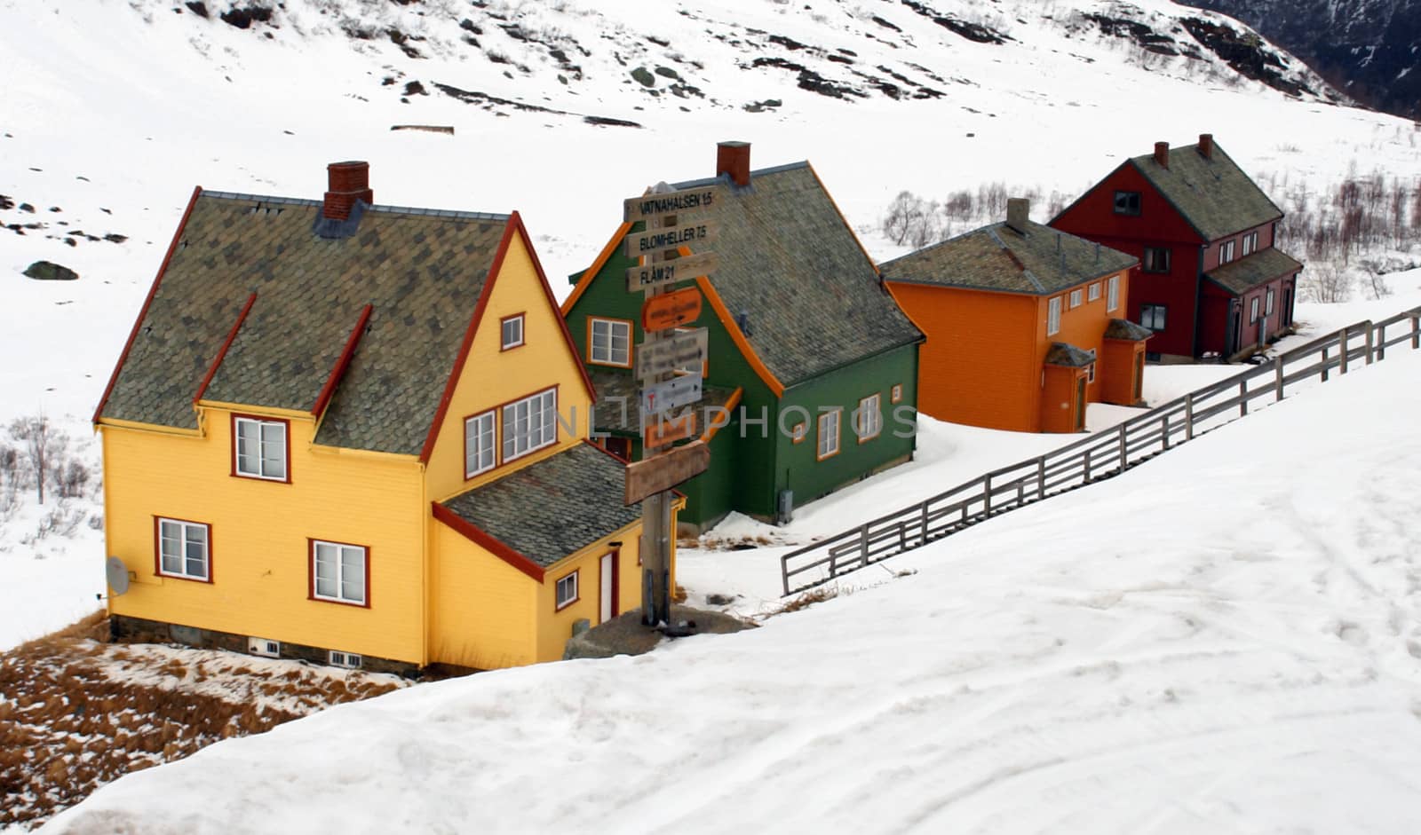 Norway tipical wooden mountain houses, during winter snow season                               