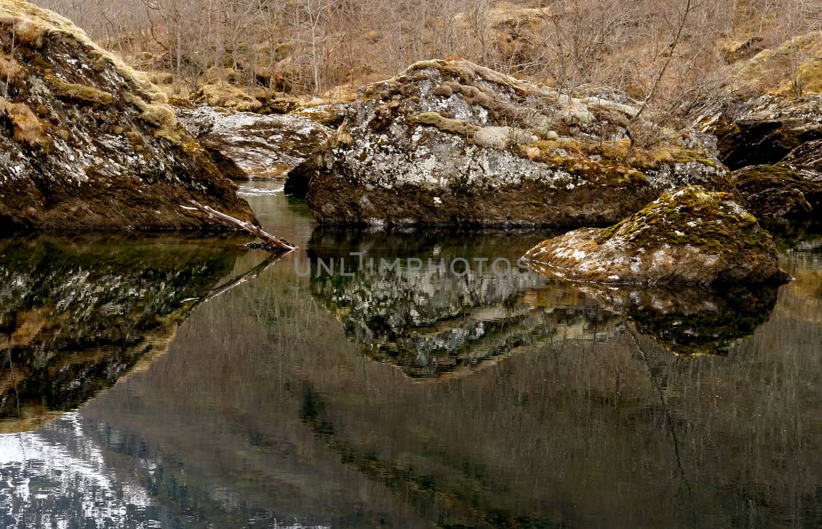 River calm streem in winter rocky lanscape, Norway