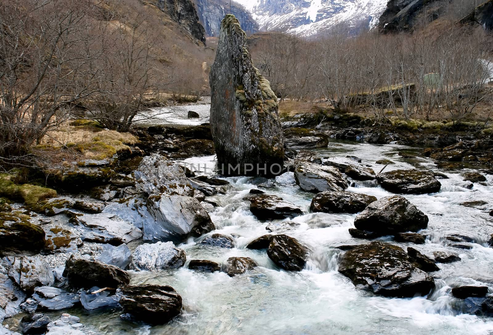 River strong stream during snow meltdown season, Norway                               