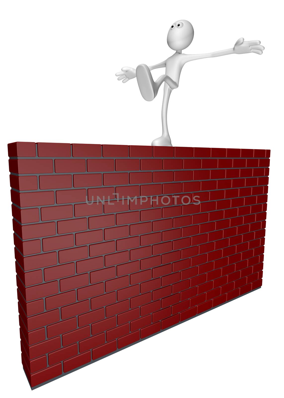 cartoon guy balances on brick wall - 3d illustration