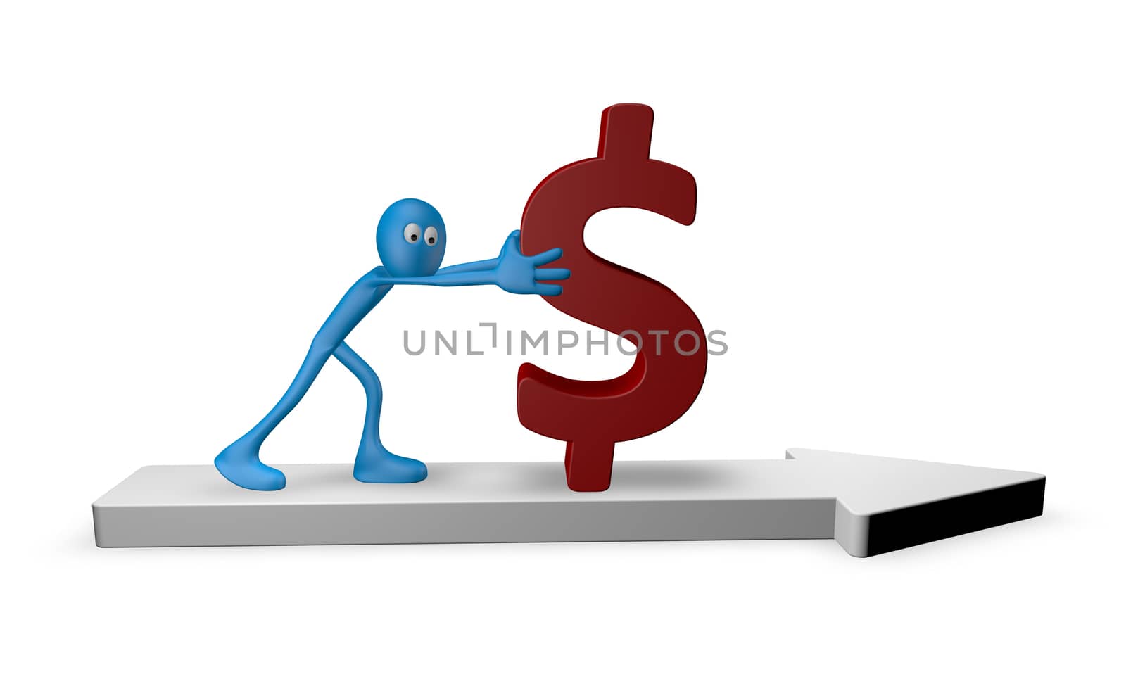cartoon guy pushes dollar on arrow - 3d illustration