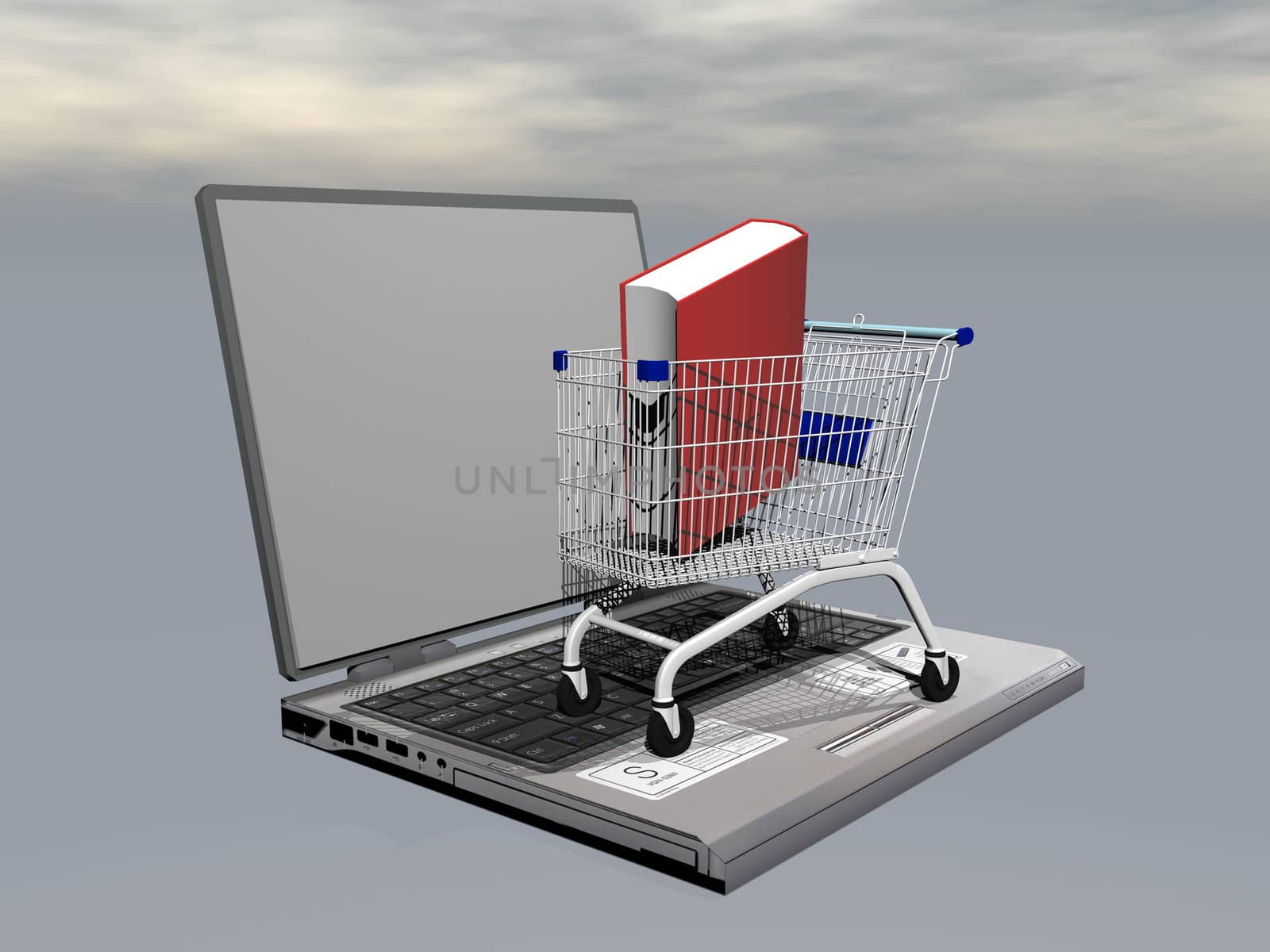 Book into a shopping cart on laptop symbolizing e-commerce in grey cloudy background