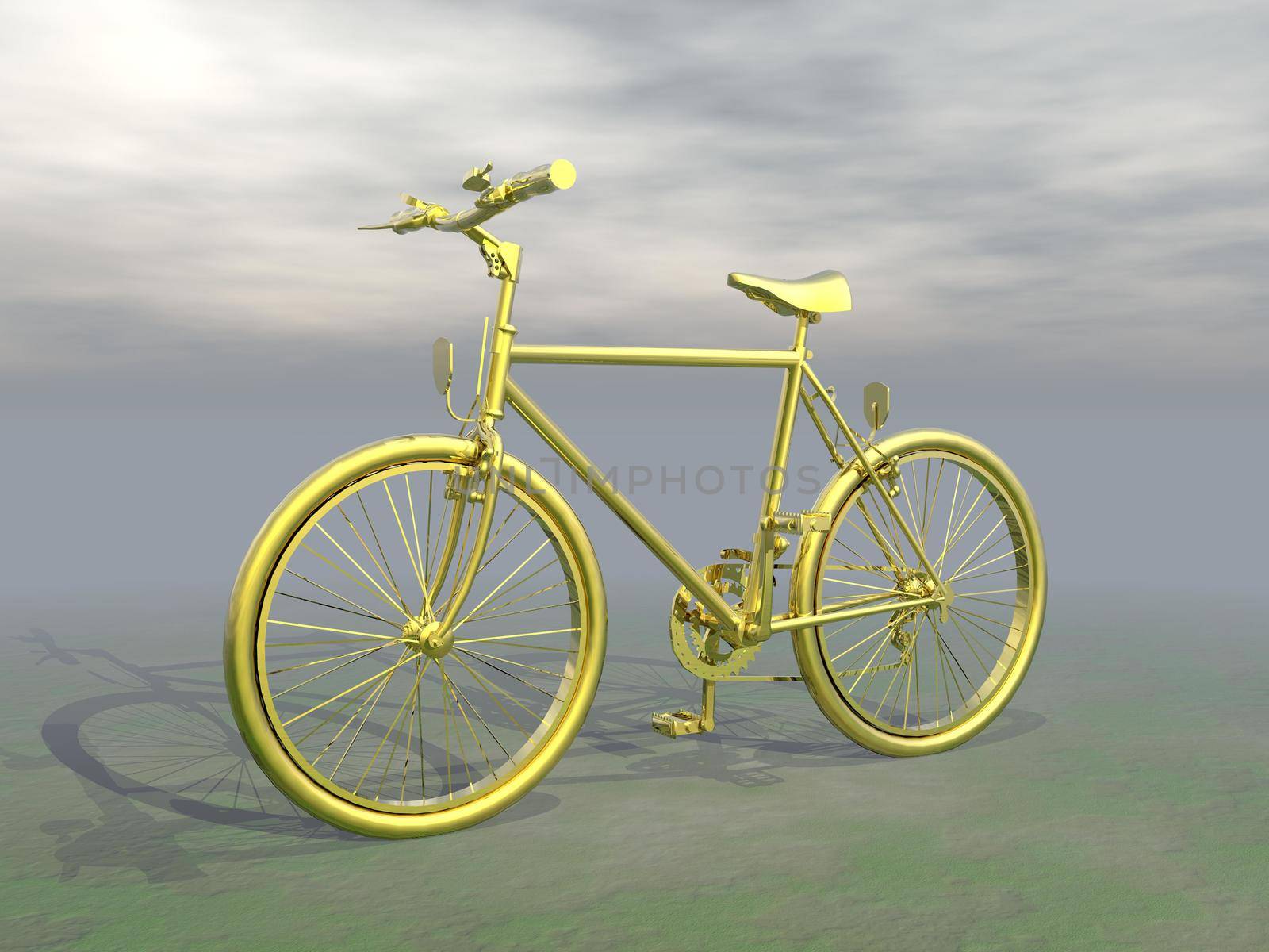 Golden mountain bike in grey cloudy background