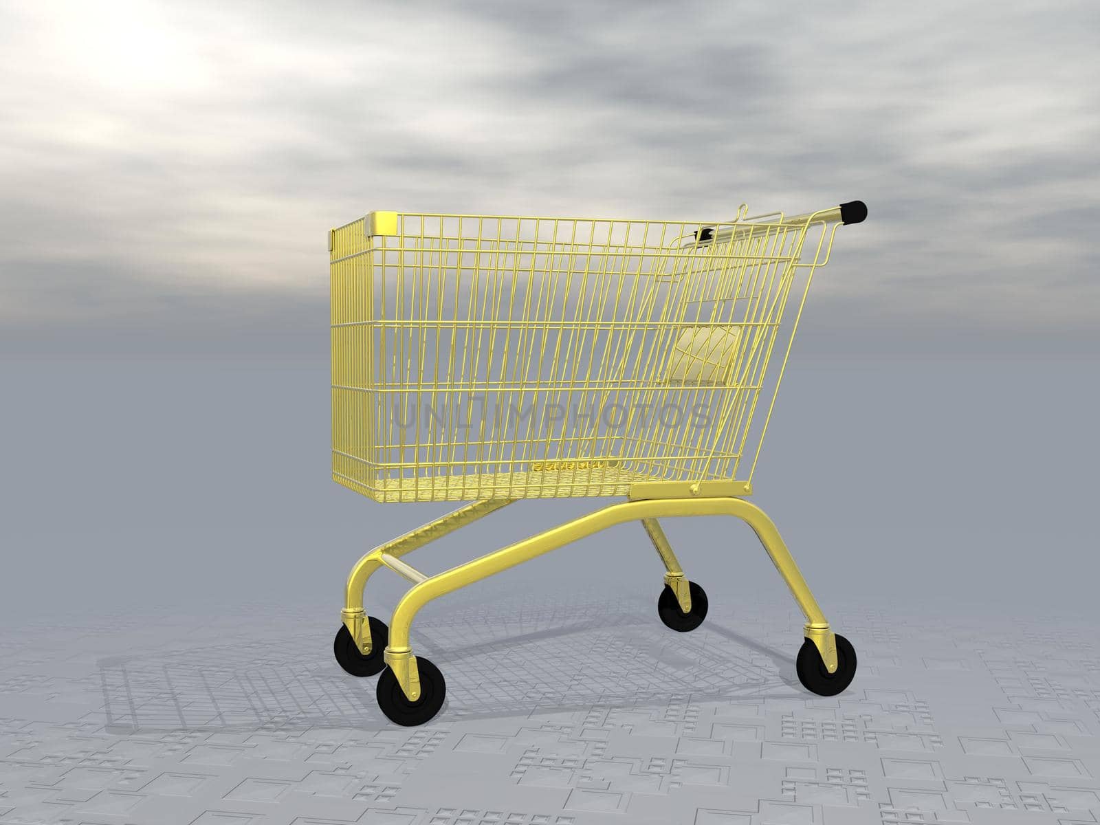 Golden shopping cart with black wheel standing in grey cloudy background