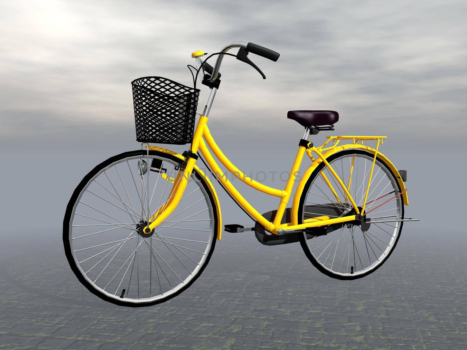 Beautiful yellow city bike on the street , grey cloudy background