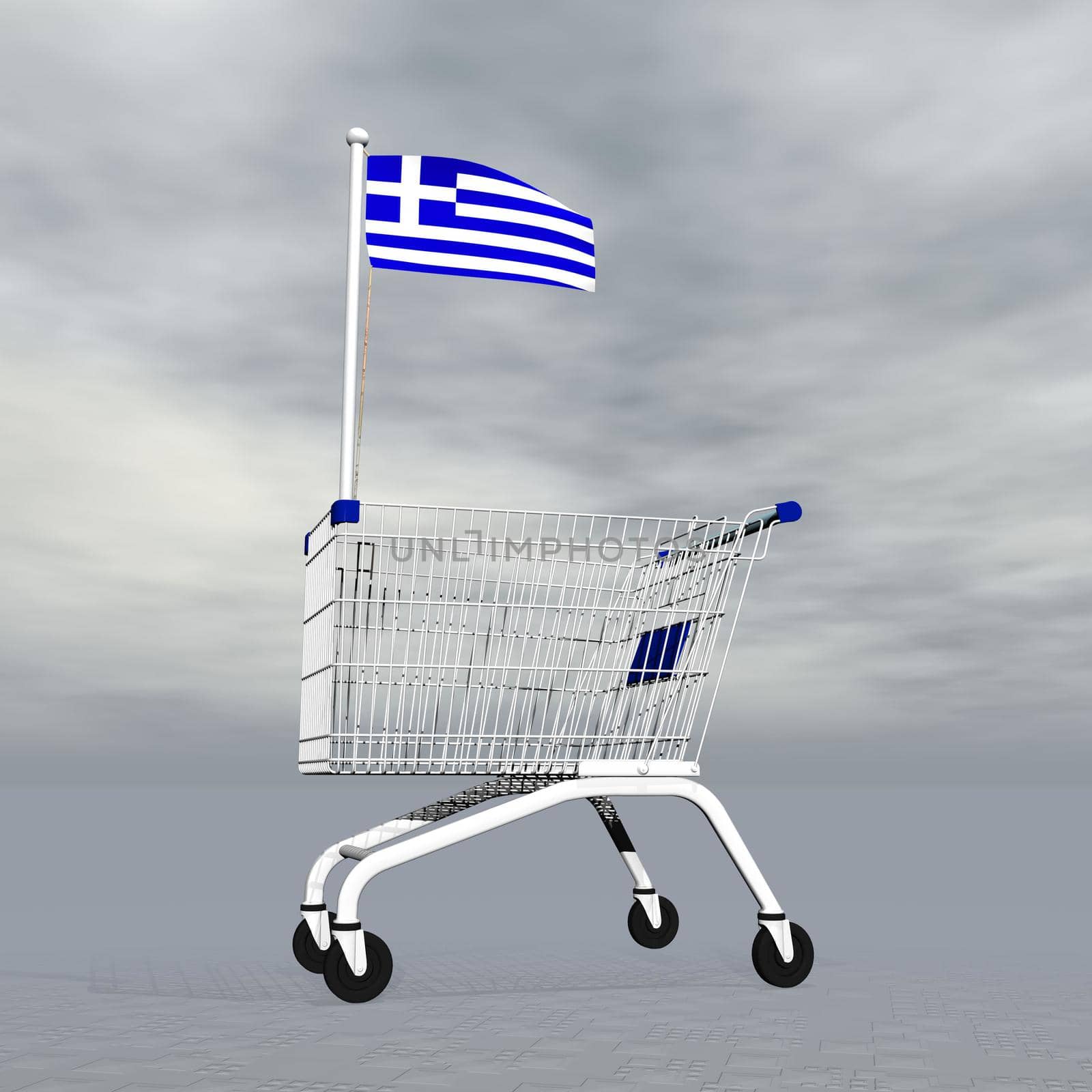 Shopping cart holding greek flag to symbolize commerce in Greece into grey cloudy background
