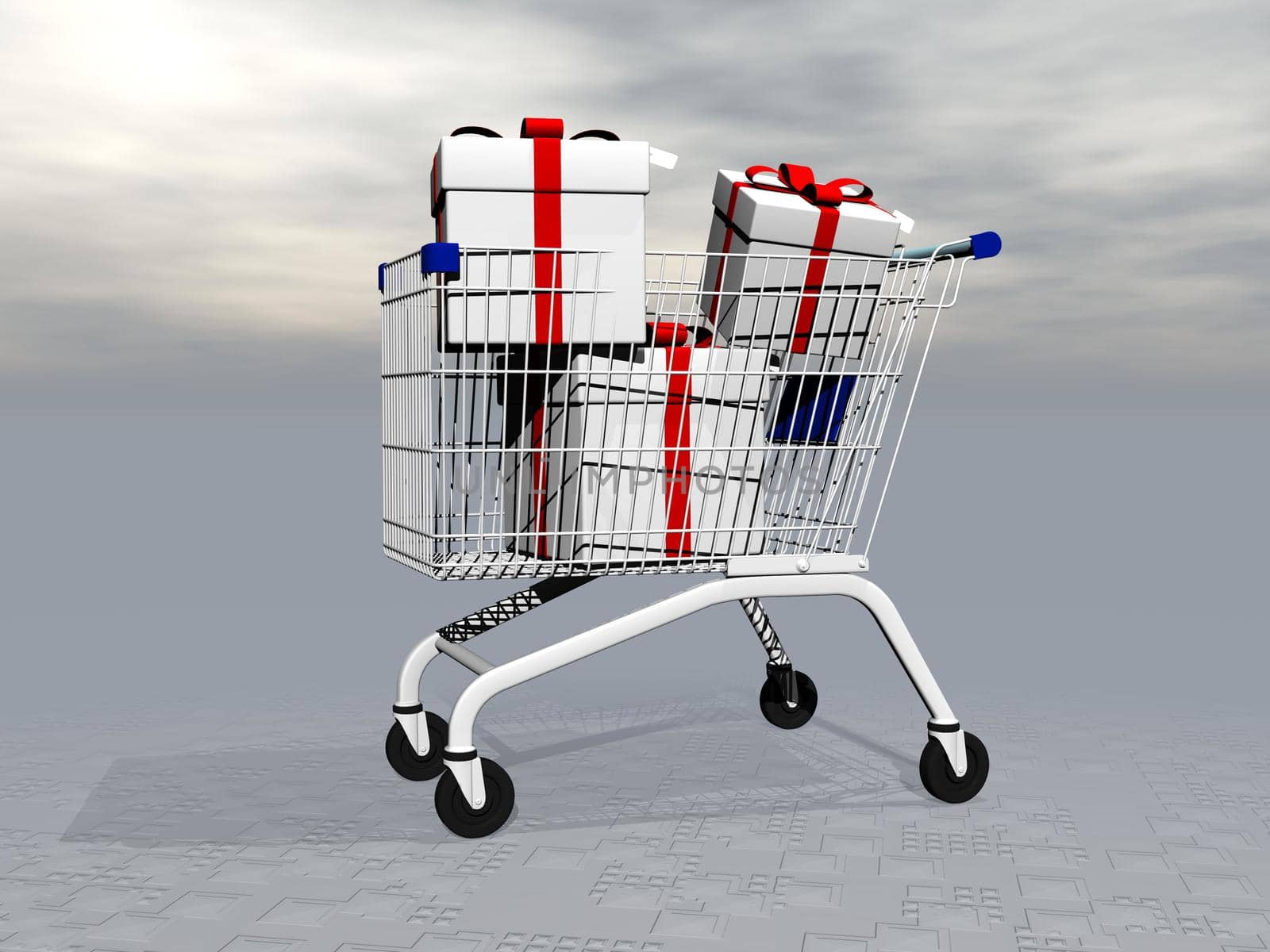 Shopping trolley full of gifts to offer in grey cloudy background