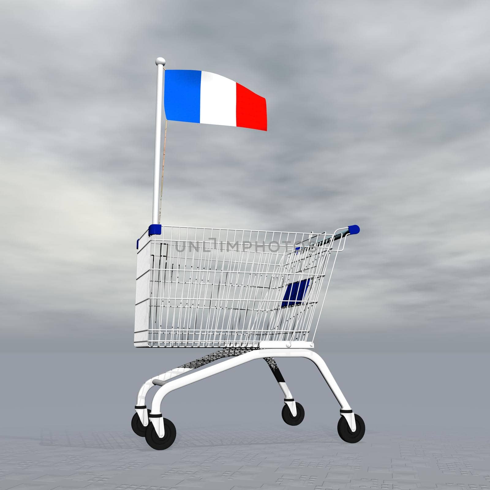 Shopping cart holding french flag to symbolize commerce in France into grey cloudy background