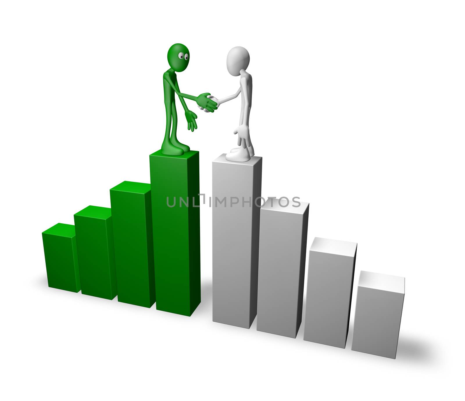 two cartoon guys shake hands on business graph - 3d illustration