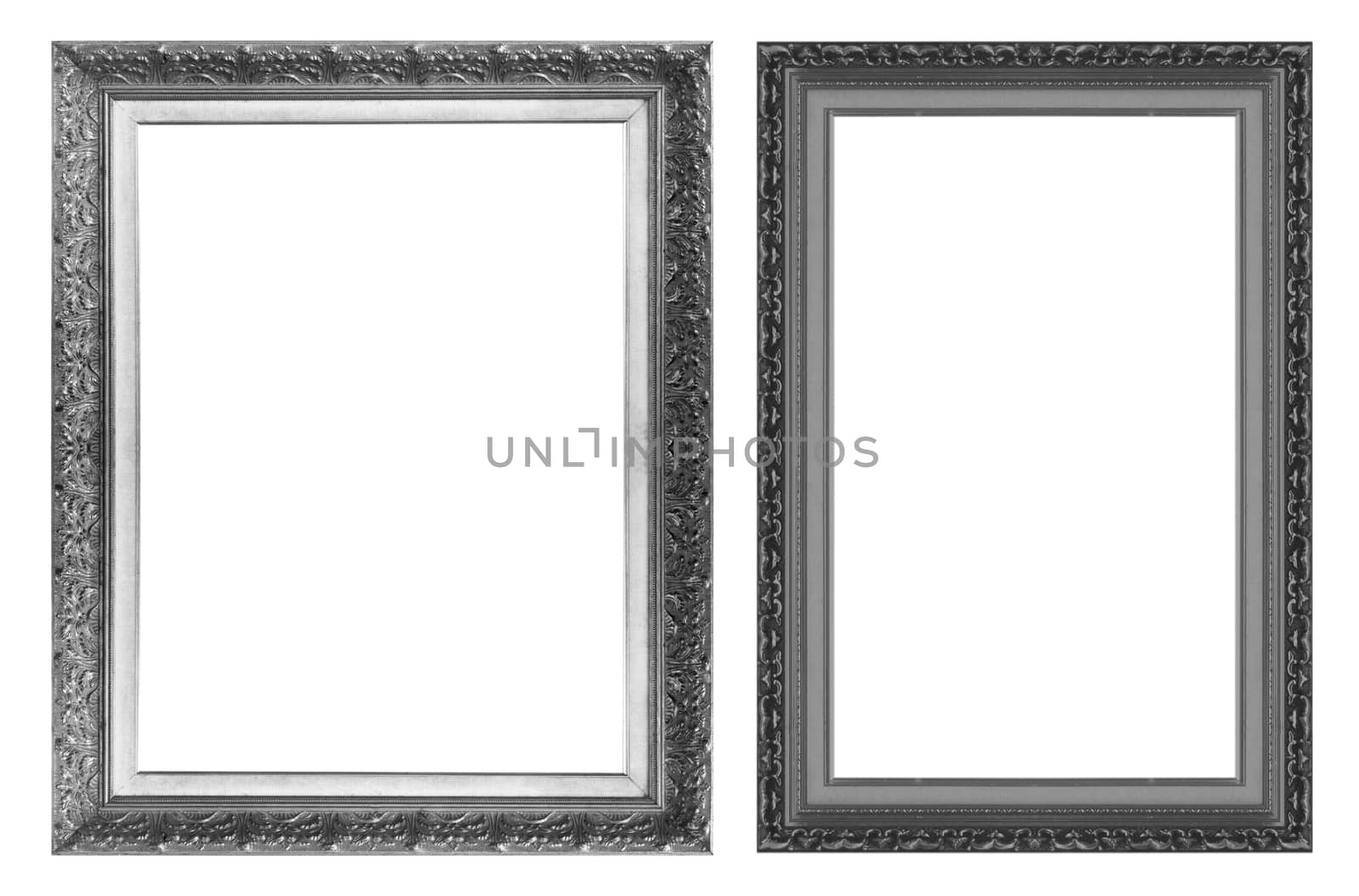 Old antique black picture frame wall, wallpaper, decorative objects isolated white background