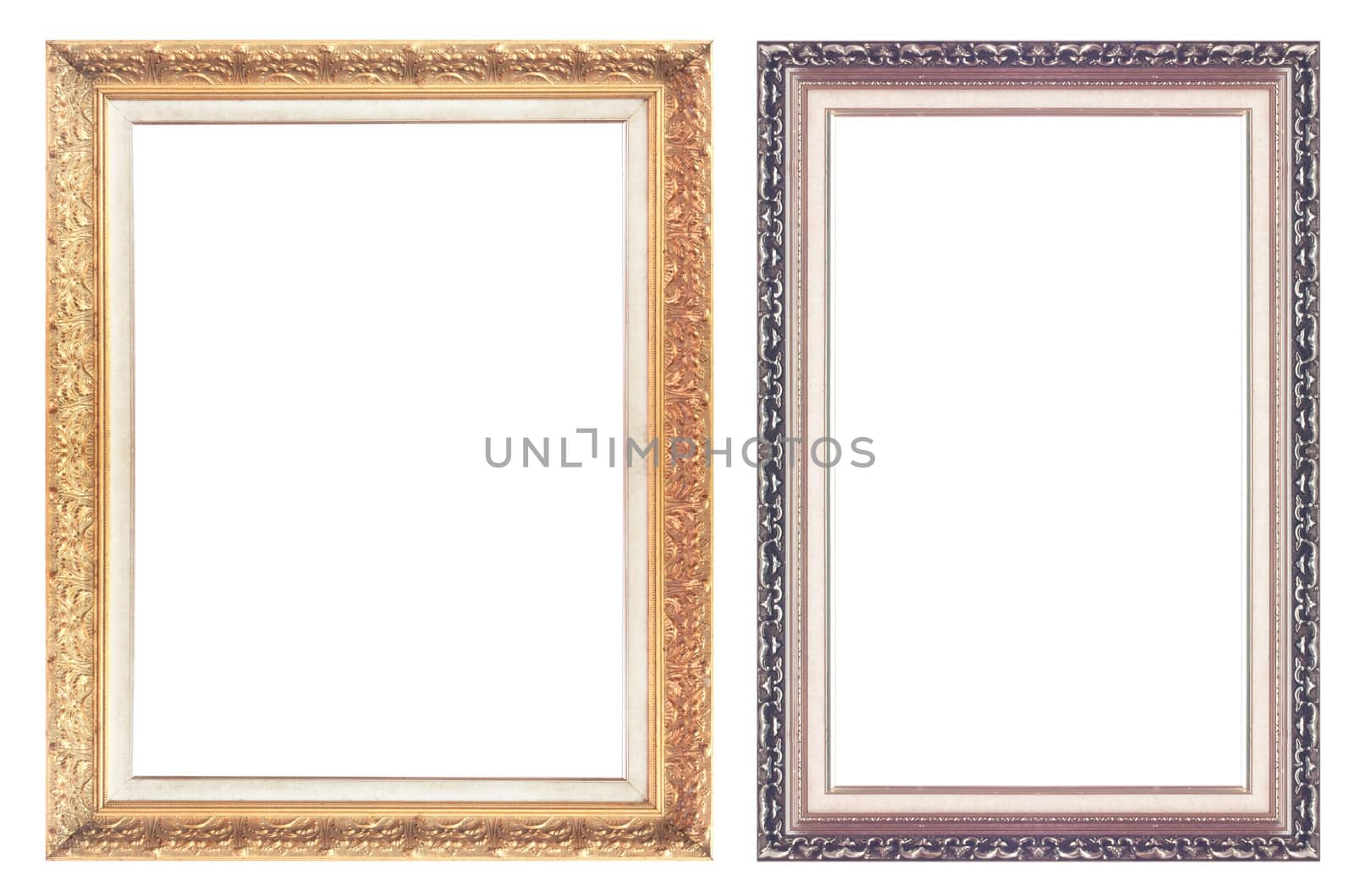 Old antique gold picture frame wall, wallpaper, decorative objects isolated white background.