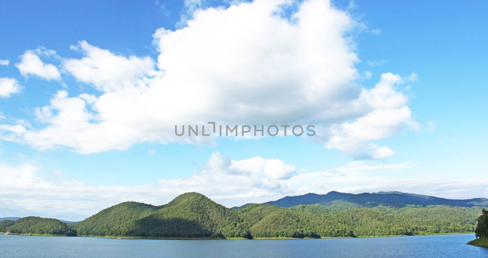 Natural forest landscape mountains sky water clouds.