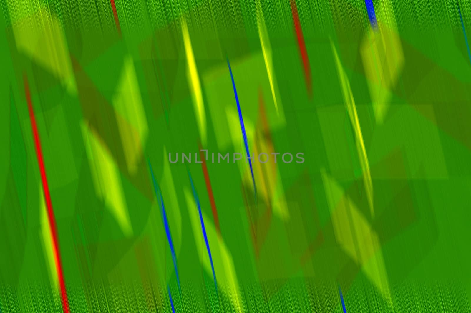 Abstract green background with beams in red, blue and yellow.