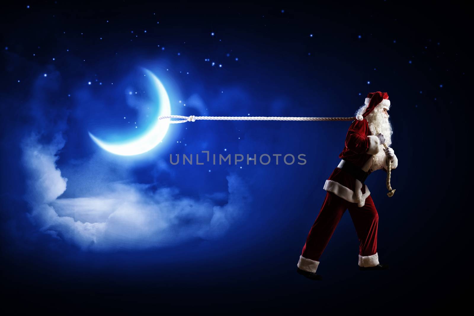 Image of Santa Claus pulling moon with rope