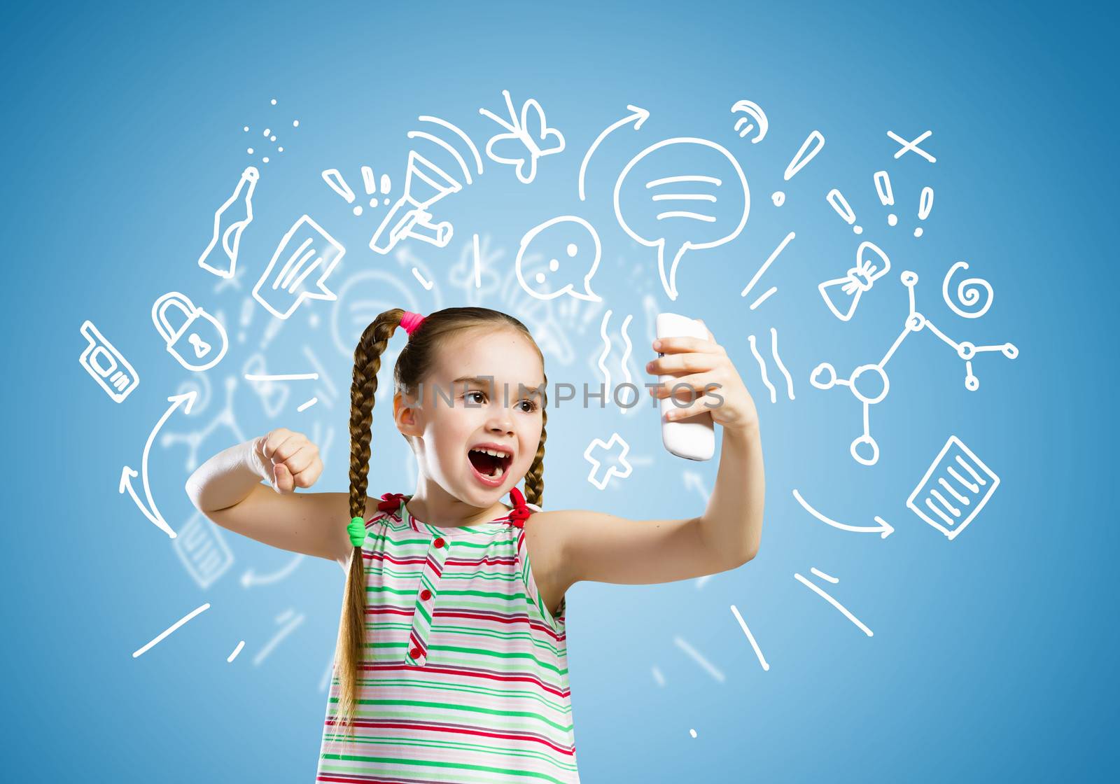 Image of little angry girl shouting in mobile phone