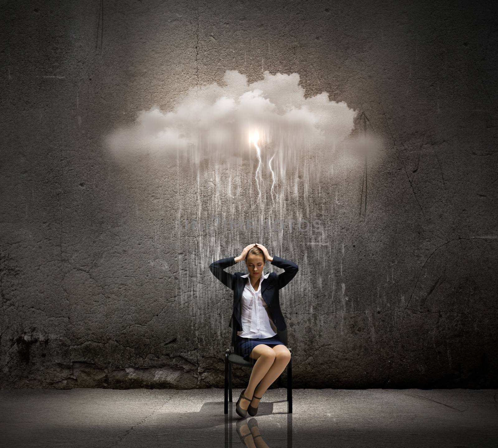 Image of young troubled businesswoman standing under rain