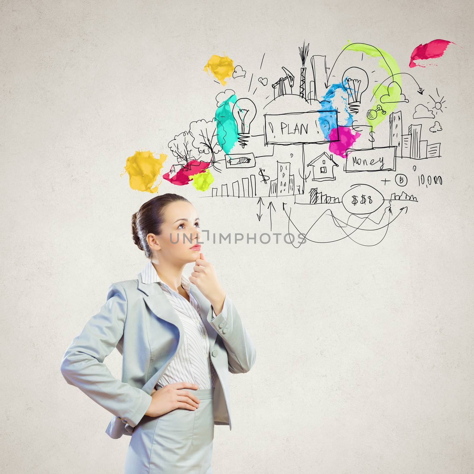 Image of thoughtful businesswoman with business sketch at background