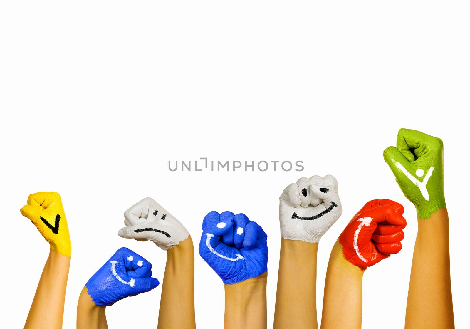 Image of human hands in colorful paint with smiles