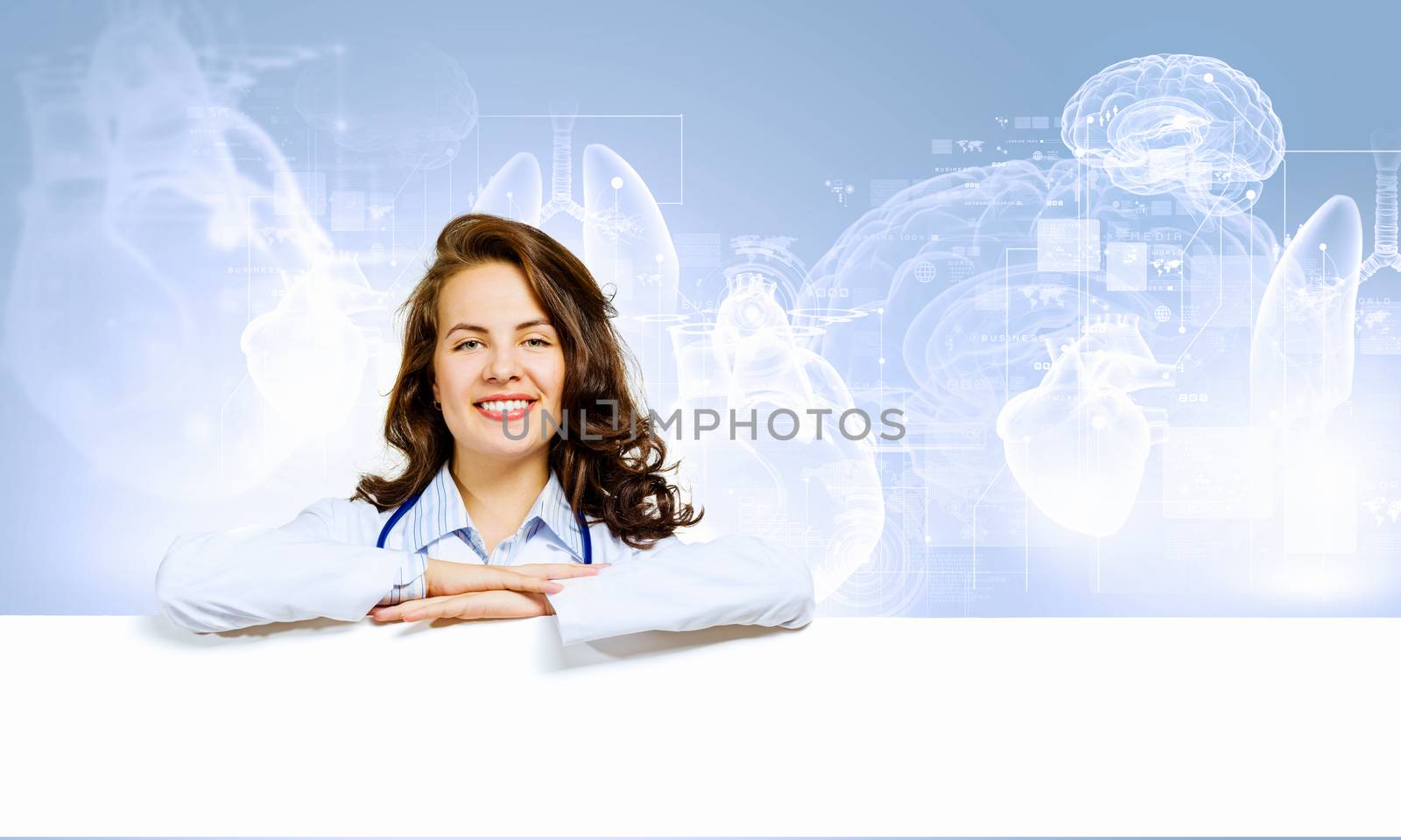 Image of young female doctor with blank banner. Place for text