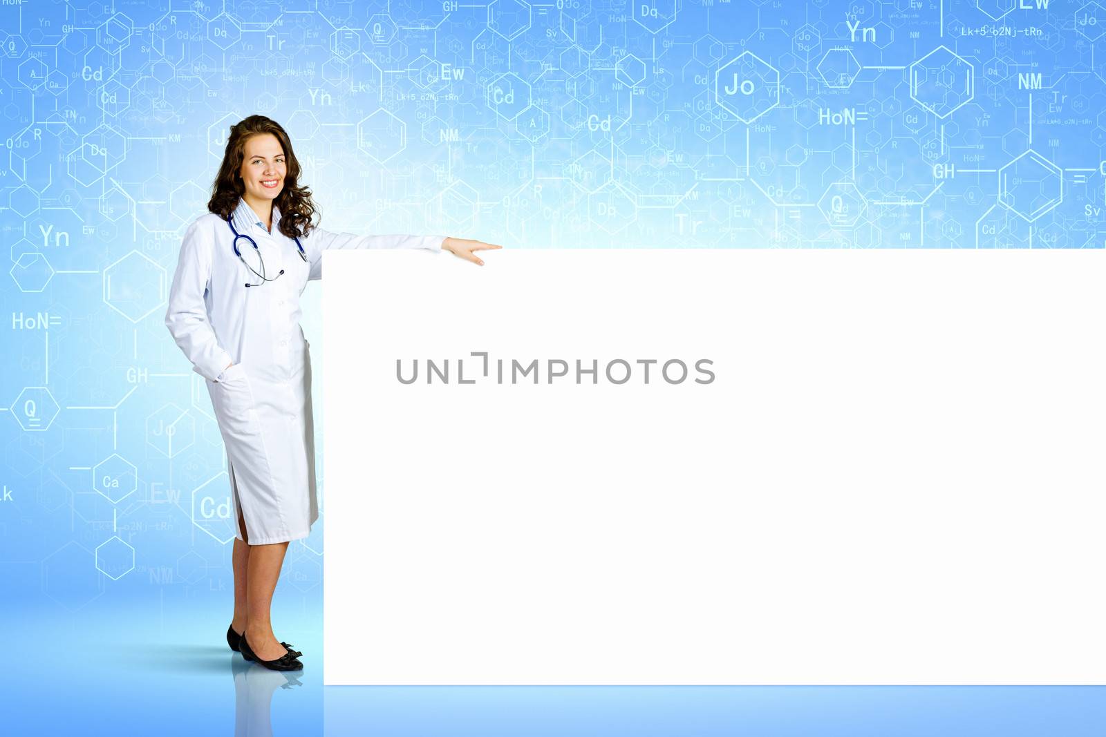 Image of young female doctor with blank banner. Place for text
