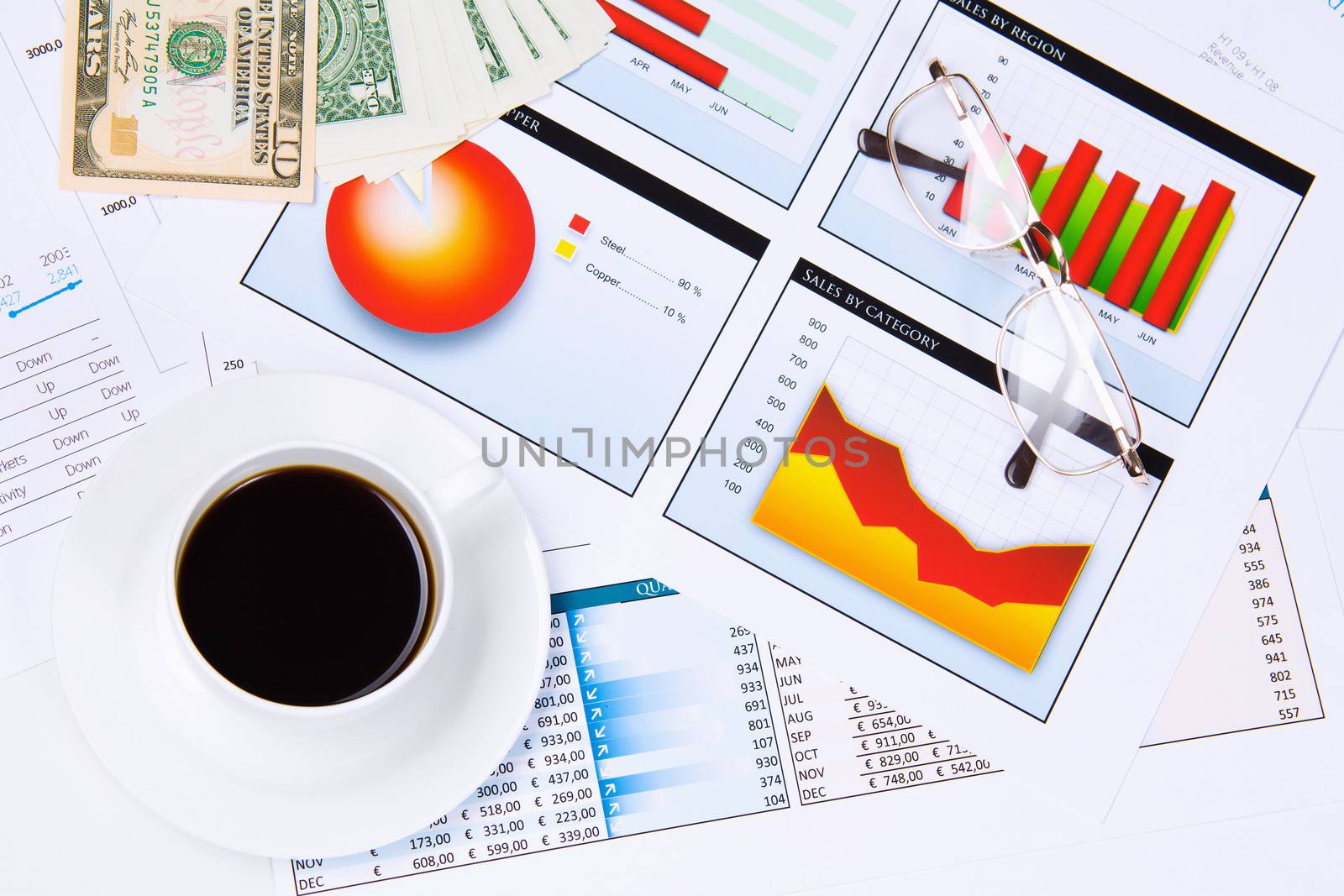 Close up image of office workplace with cup of coffee and documents