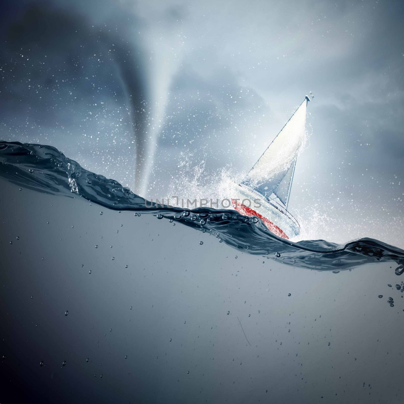 Submerged ocean view with yacht floating above