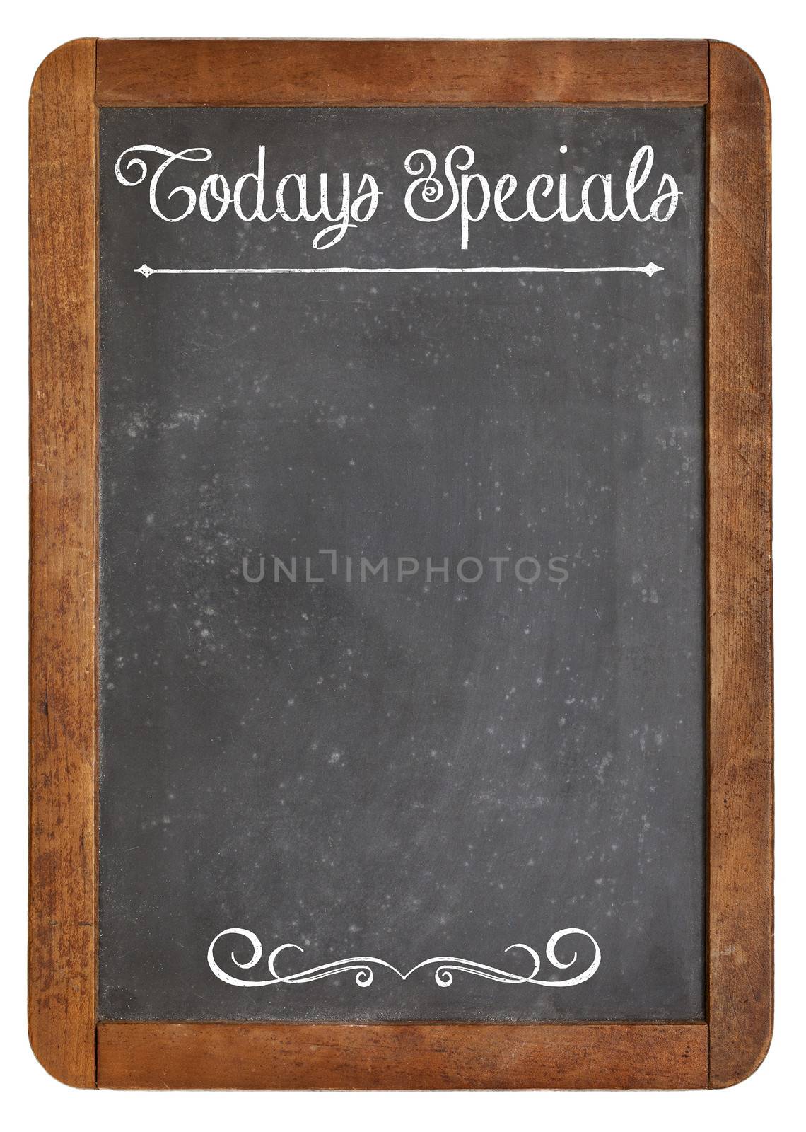 Today Specials - white chalk menu sign on a vintage slate blackboard isolated on white