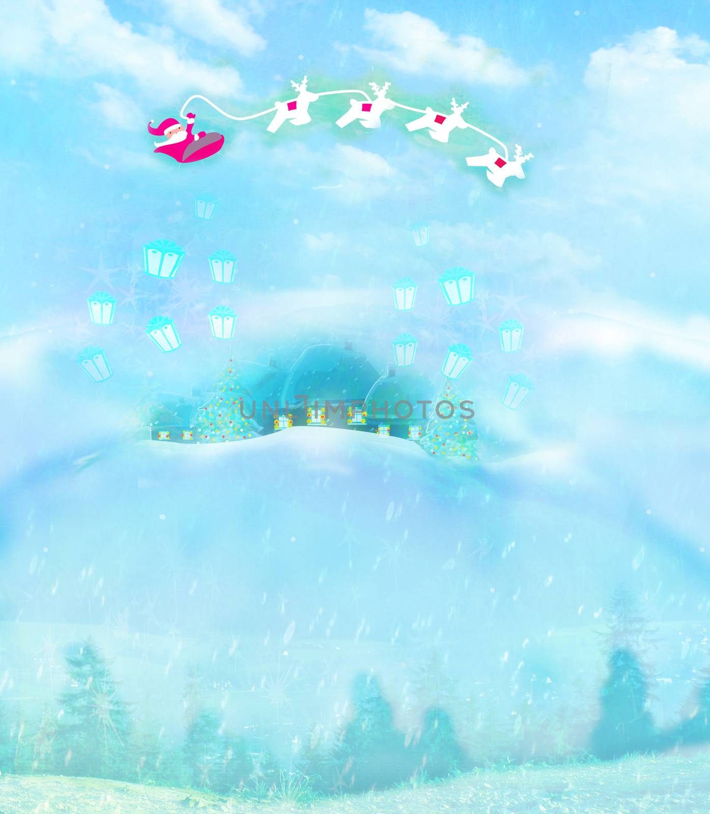 The santa claus flying with the sack full of presents