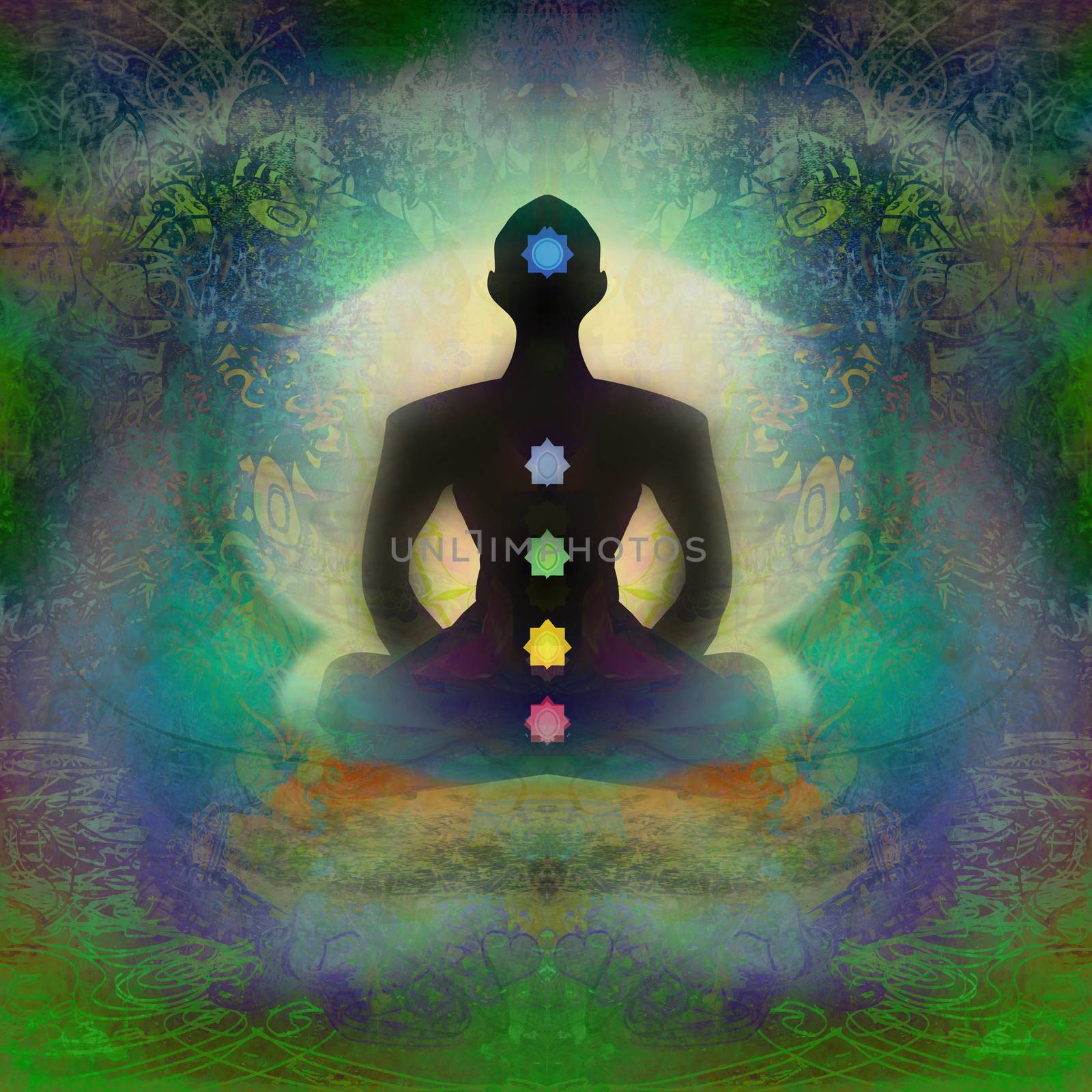 Yoga lotus pose. Padmasana with colored chakra points. by JackyBrown