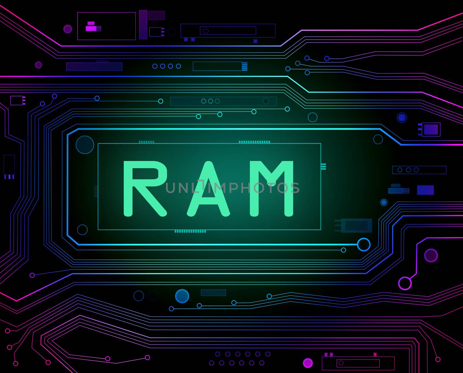 Abstract style illustration depicting printed circuit board components with a RAM concept.