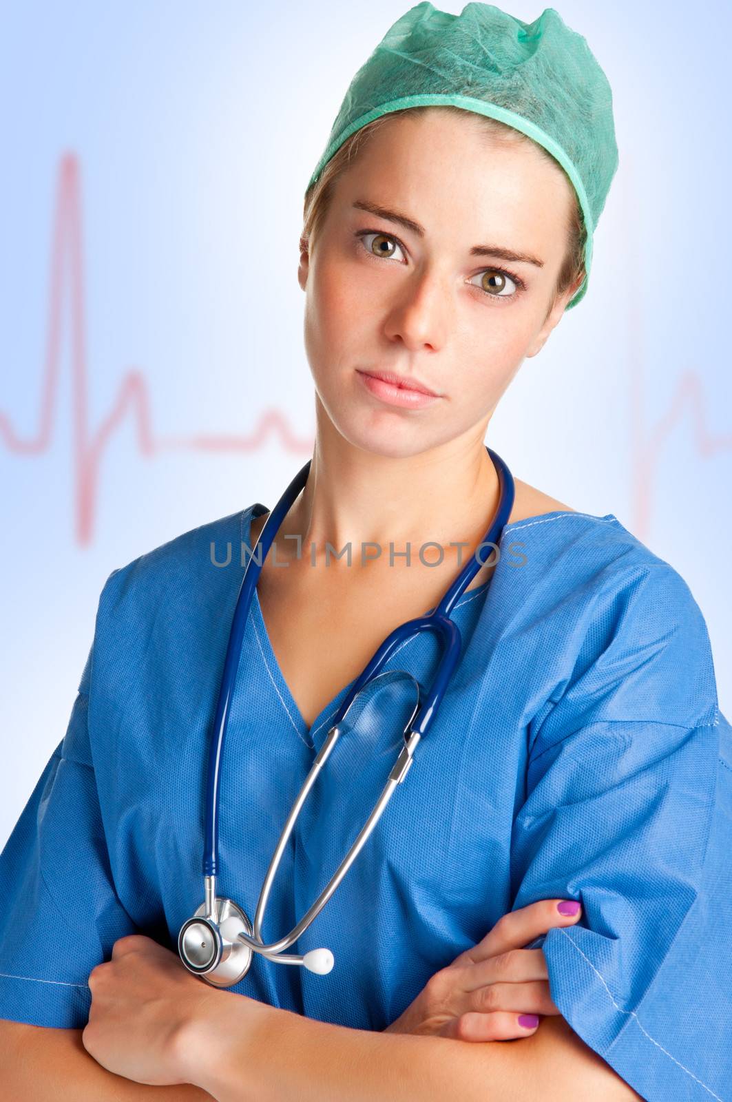 Young female surgeon with scrubs and a stethoscope, with an EKG graph behing her