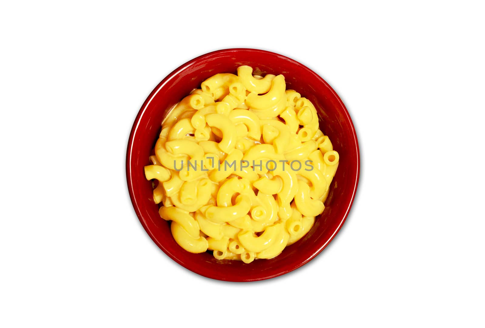 isolated macaroni and cheese in red bowl
