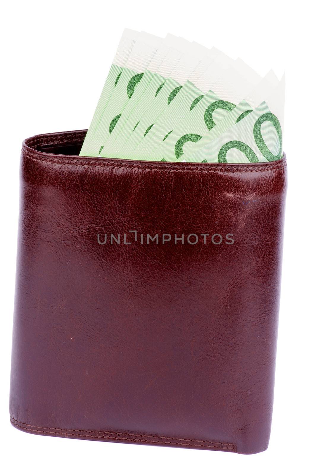 Brown Leather Purse with Euro Banknotes isolated on white background