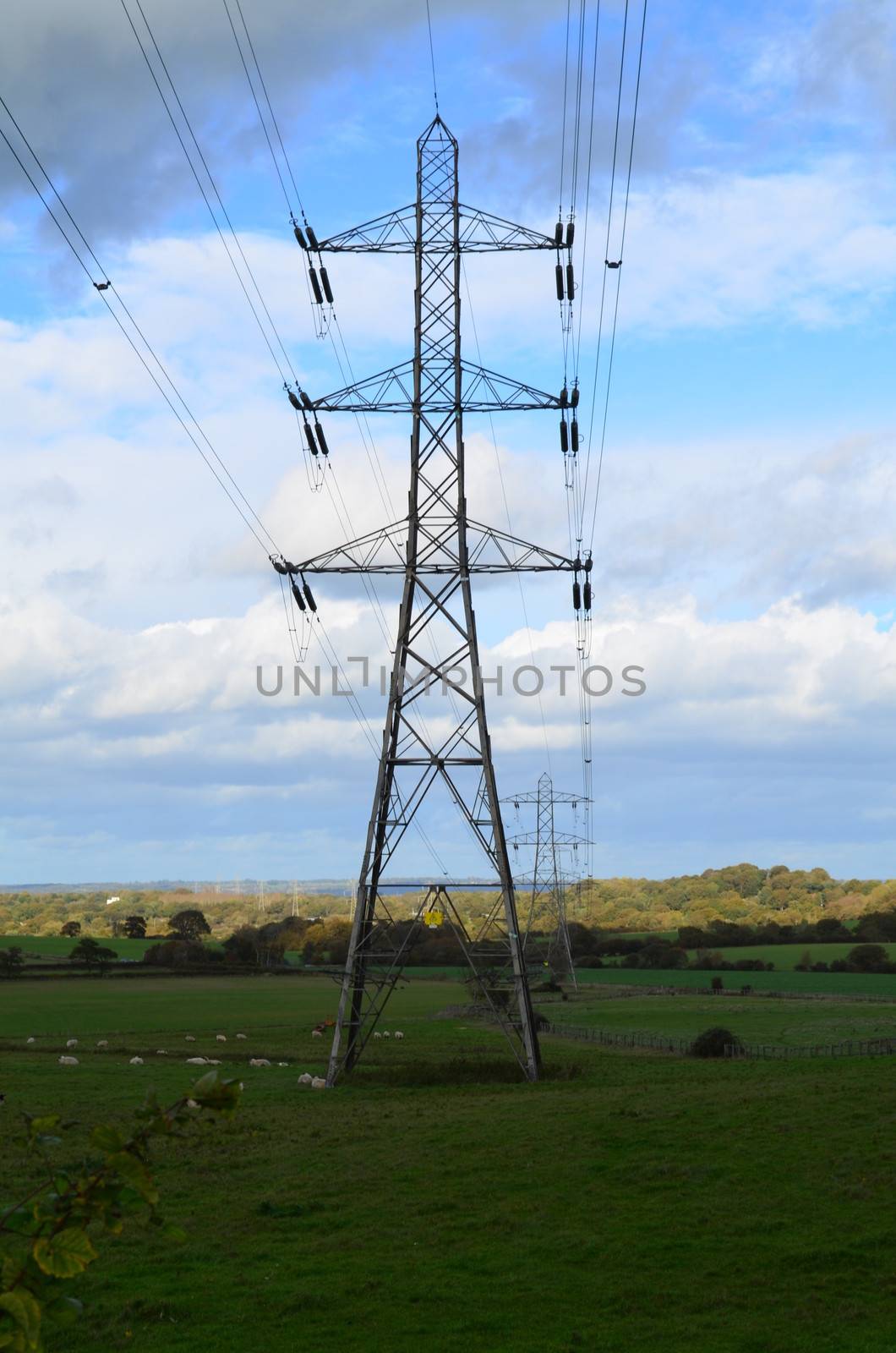 Large electricity pylon in open countryside in Sussex,England.