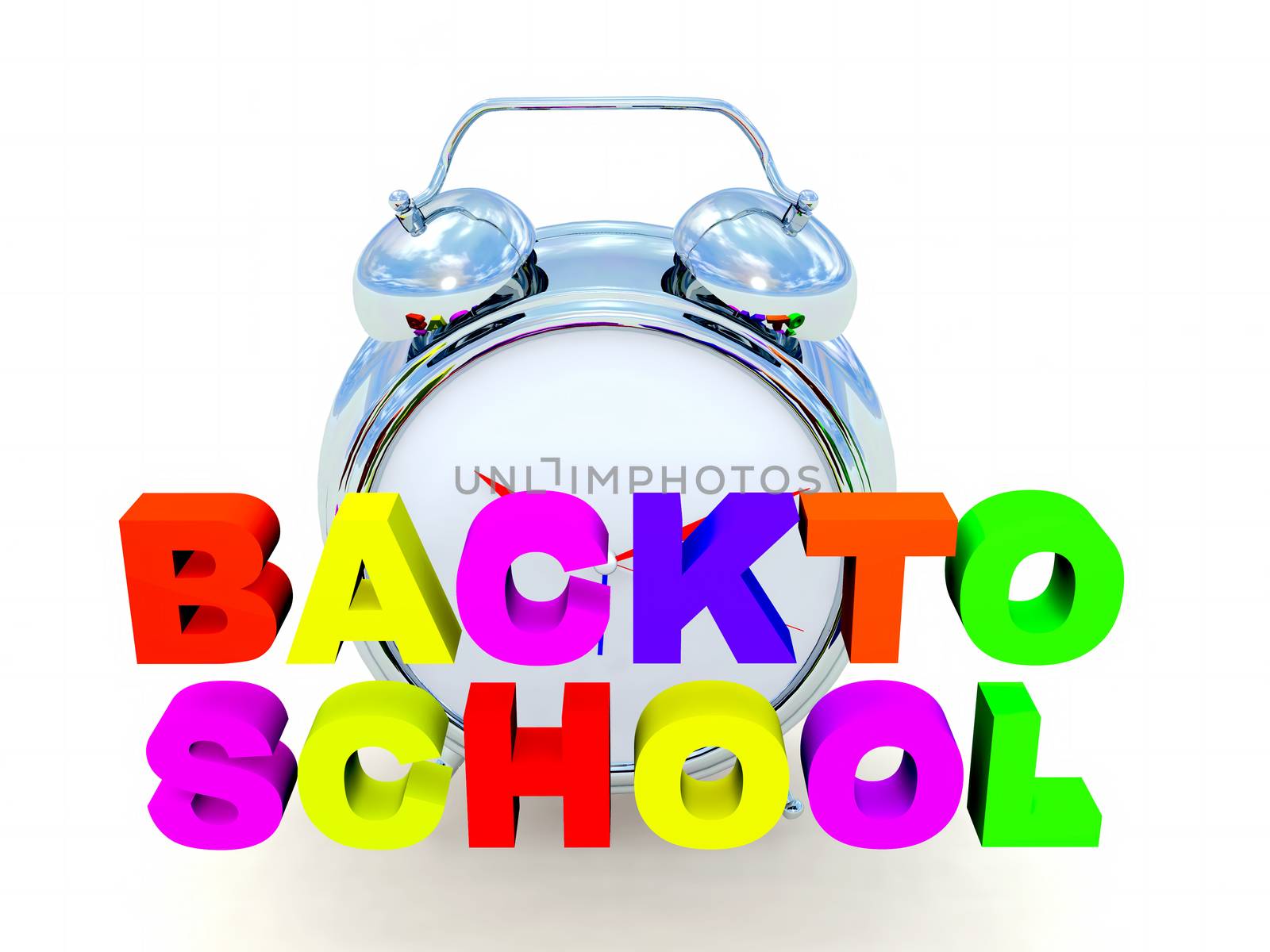 the word back to school in colored 3d letters,alarm clock in the background