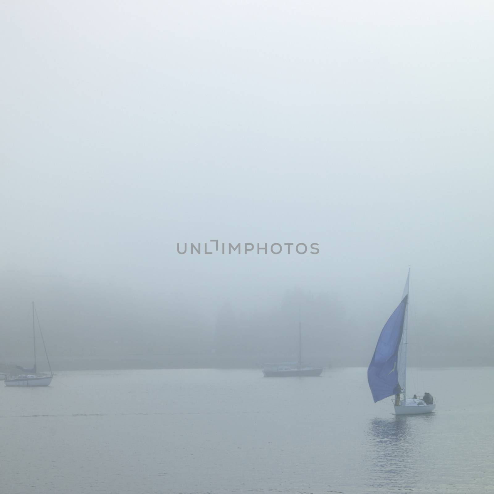 Boats on the water during a foggy day.